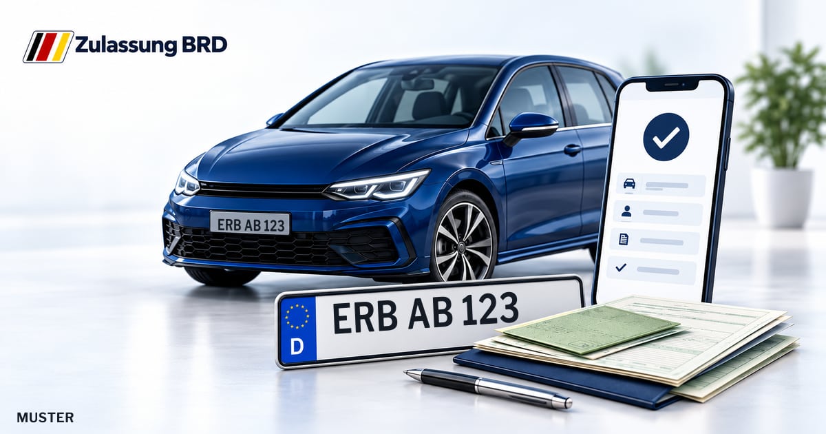Online Fahrzeugzulassung in Reichelsheim (Odenwald): Musterkennzeichen ERB AB 123, Auto und Fahrzeugpapiere und Smartphone. Illustration mit Logo von Zulassung BRD.